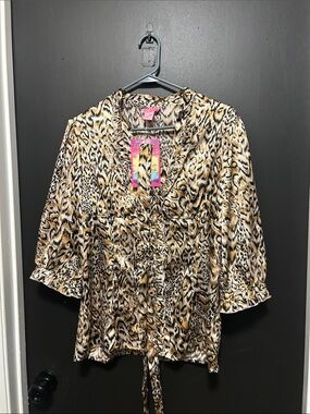 She's Cool Leopard-Print Tie Front Blouse in Brown and Cream